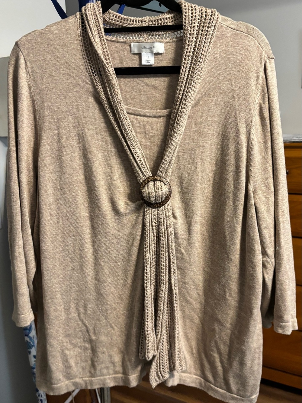 CJ Banks Beige Knit Pullover with Ring-Tie Detail